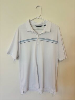 Travis Mathew White Polo with Light Blue Chest Stripes